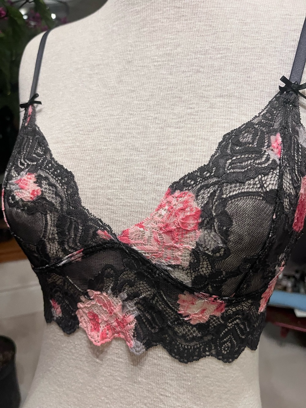 Hanna Black Lace Bralette with Pink Floral Accents MEDIUM